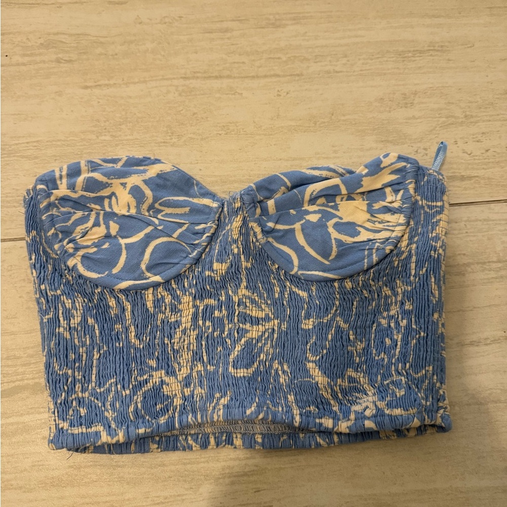 Zara Blue and Cream Floral Bustier Top xs